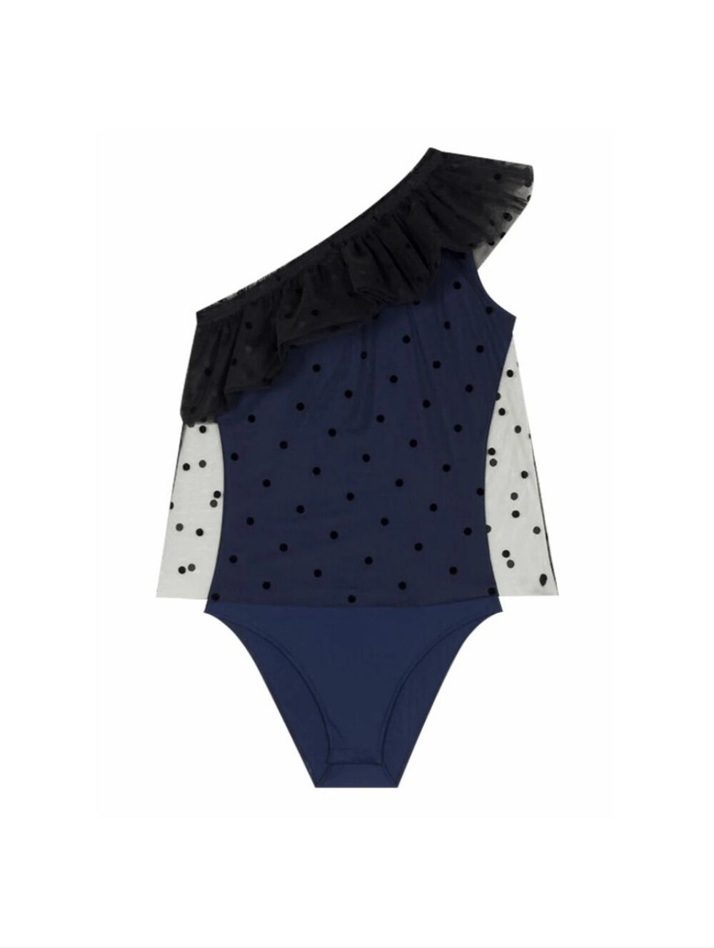 Maje One-Shoulder Ruffle Bodysuit Black Navy Asymmetrical Mesh Polka Dot Size 2